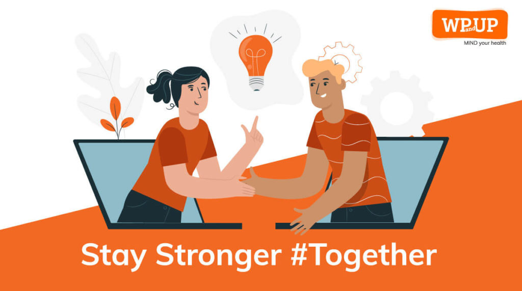 Two illustrated people talking through laptops