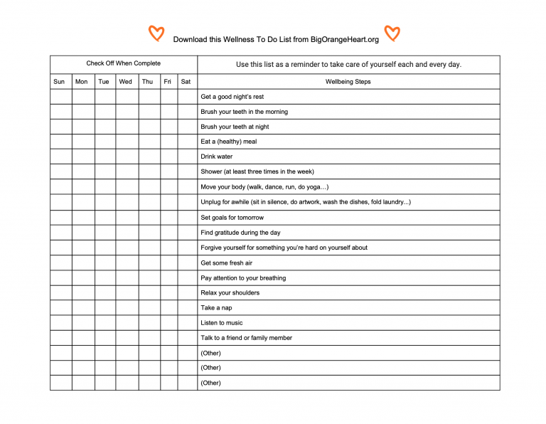 Weekly Wellness Checklist Big Orange Heart