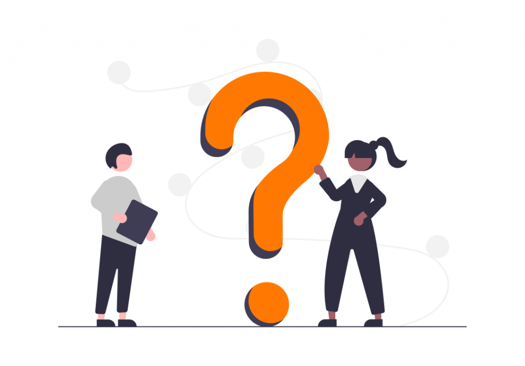 two people with a giant question mark