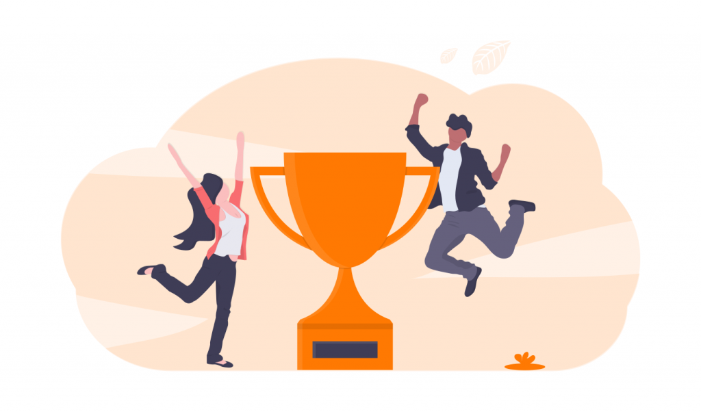 two people cheering with a trophy