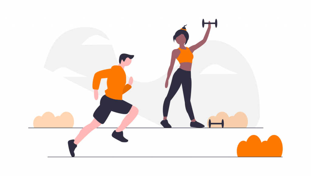 man running, woman lifting weights