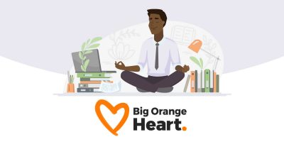 An illustrated person sitting in a lotus position in front of a laptop