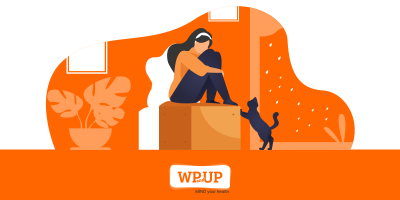 Illustrated woman sitting on a box with a cat reaching out to her